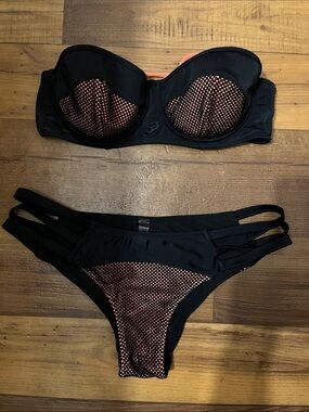 Fox Black Bikini with Coral Mesh Insets - Women Swim